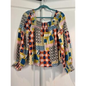 Fate Shirt Womens Medium Multicolor Patchwork Peasant‎ Smocked Boho FT5998D